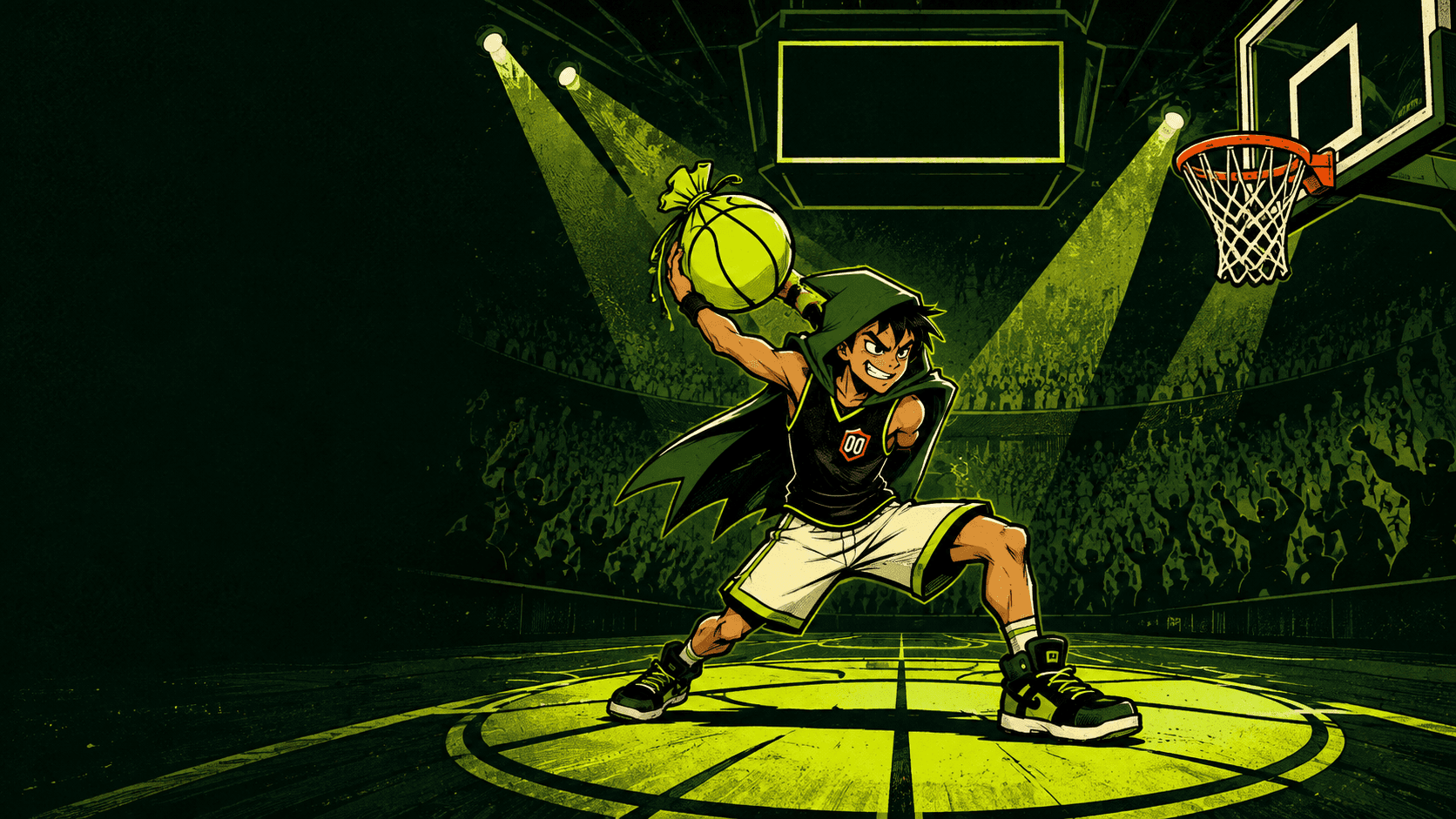 Robinhoop at center court preparing to dunk a glowing money bag under arena lights