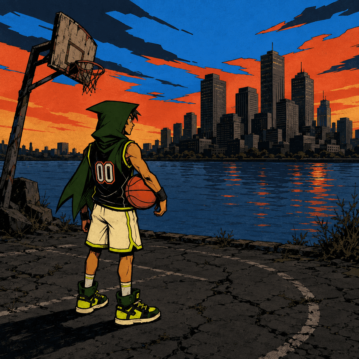 Robinhoop on an outdoor court looking toward a distant financial district