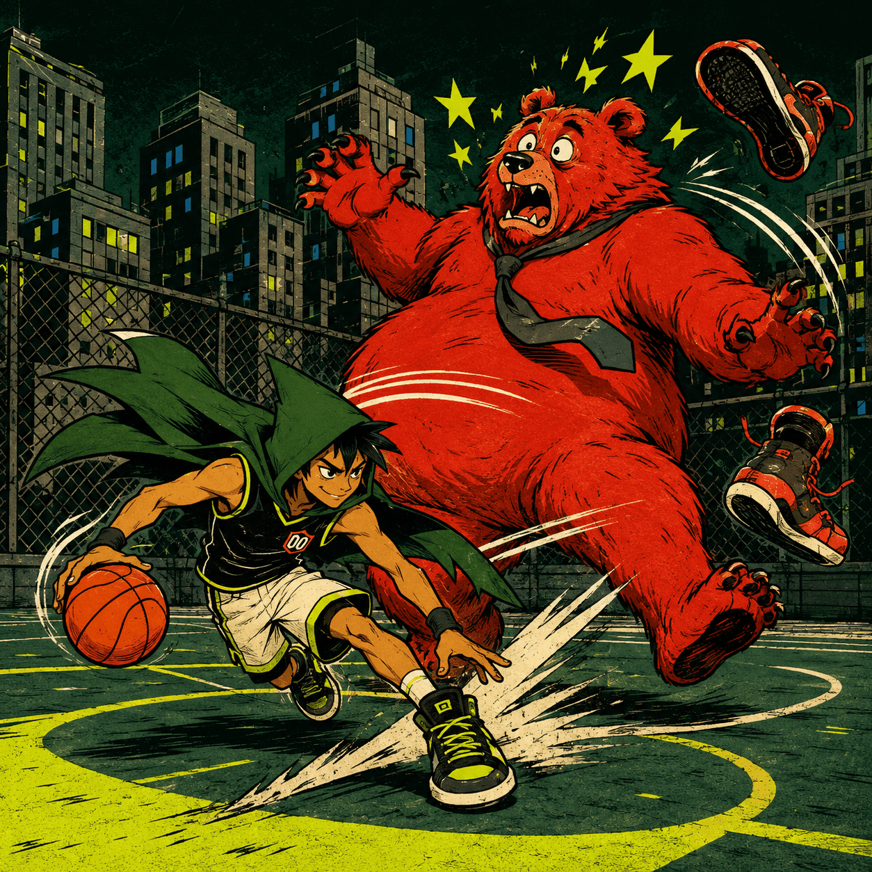 Robinhoop crossing over a red Wall Street bear on a city court